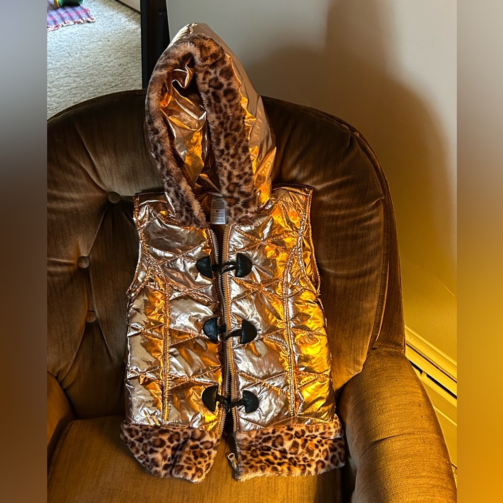 Little Lass Gold Vest with Leopard Trim